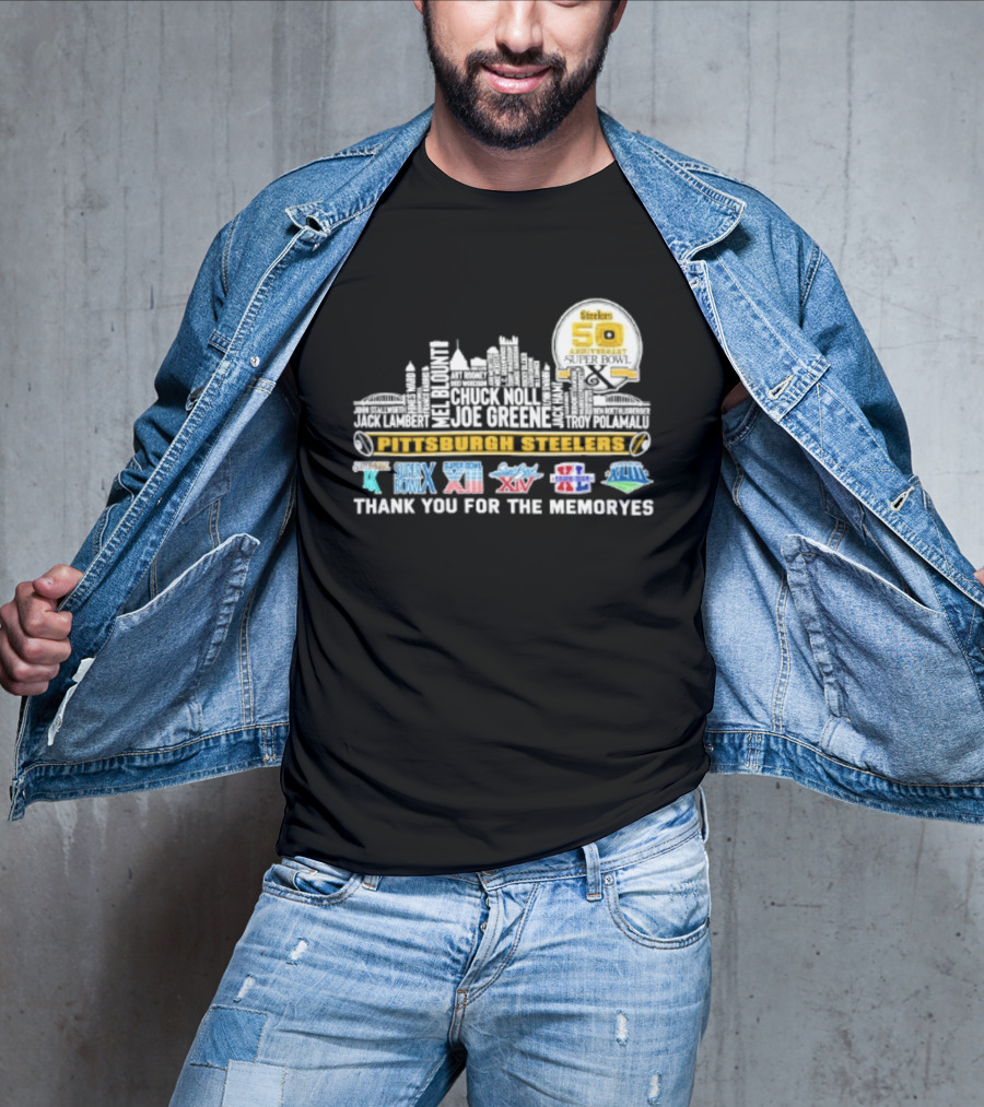 Pittsburgh Steelers Skyline 50th Anniversary Super Bowl Logos Thank You For The Memories T-Shirt