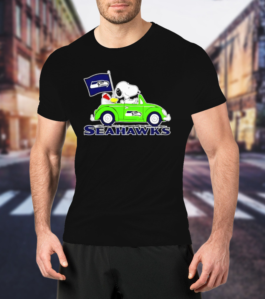 Snoopy In Volkswagen Beetle With Seattle Seahawks Flag 2026 Season T-Shirt