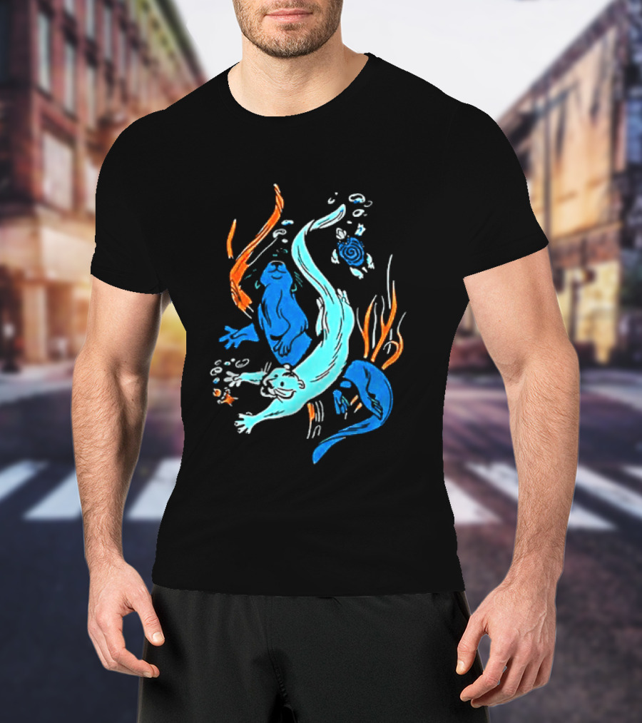 Swimming Otters Sea Life Ocean Nature Wildlife Playful Underwater Scene T-Shirt