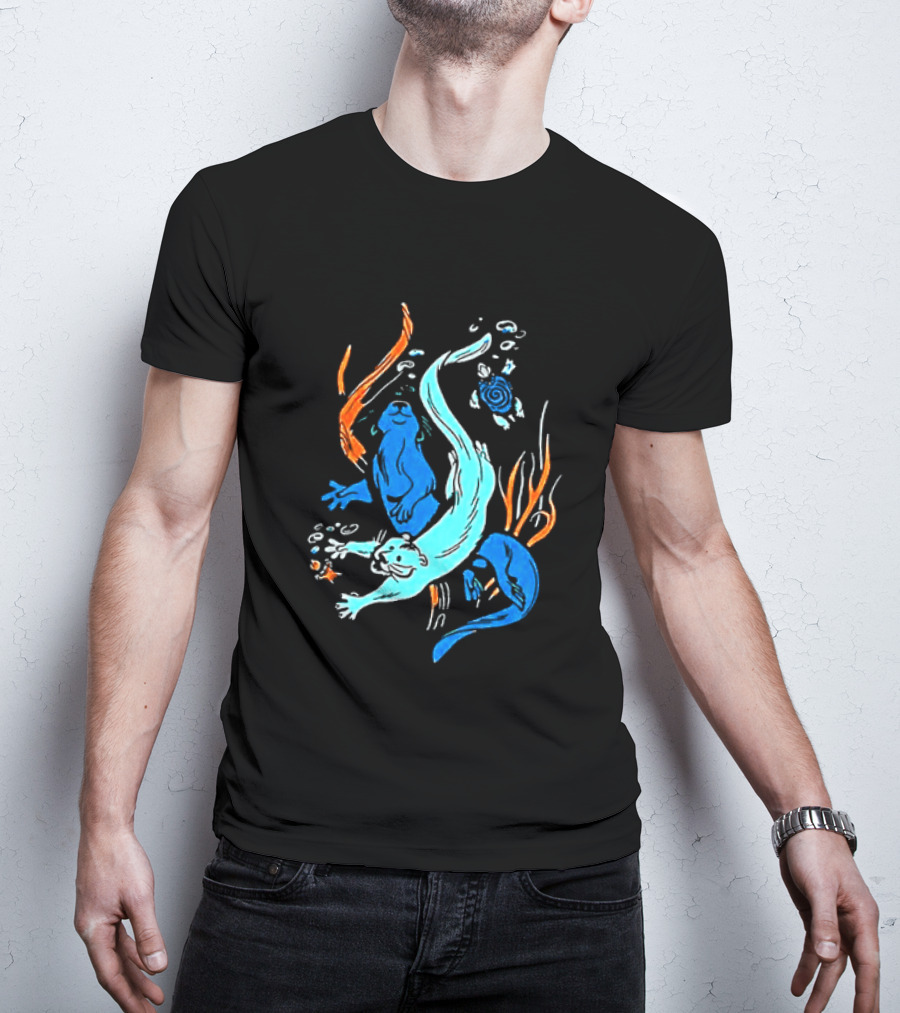 Swimming Otters Sea Life Ocean Nature Wildlife Playful Underwater Scene T-Shirt