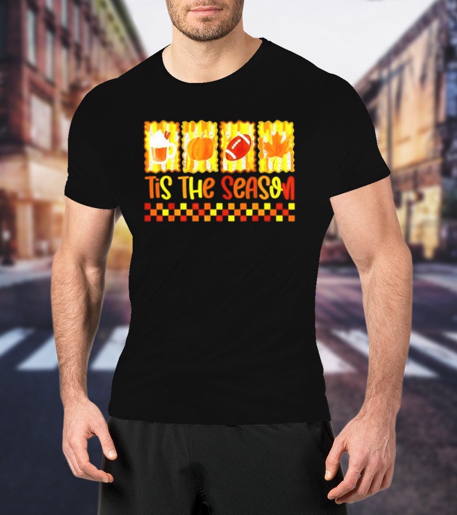 Tis The Season Pumpkin Coffee Football Leaf Halloween T-Shirt