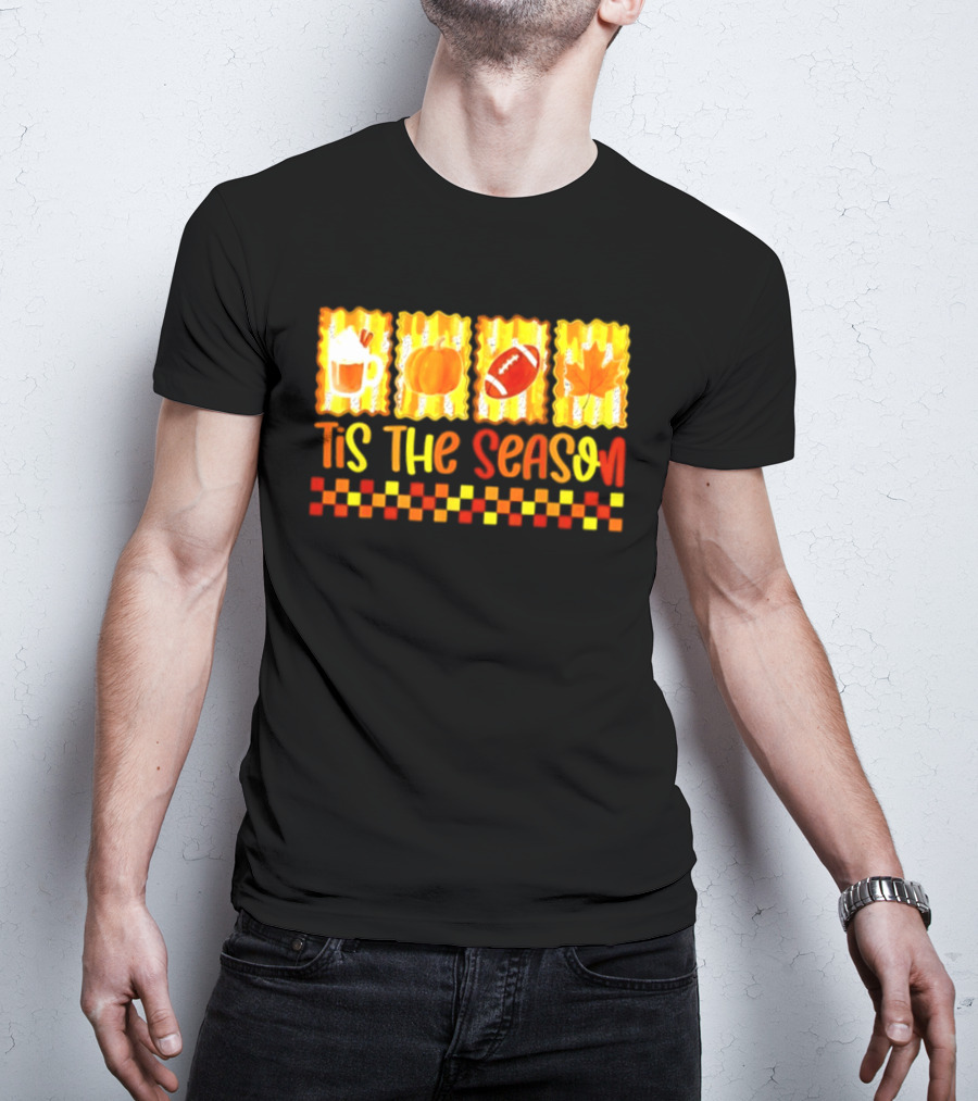 Tis The Season Pumpkin Coffee Football Leaf Halloween T-Shirt