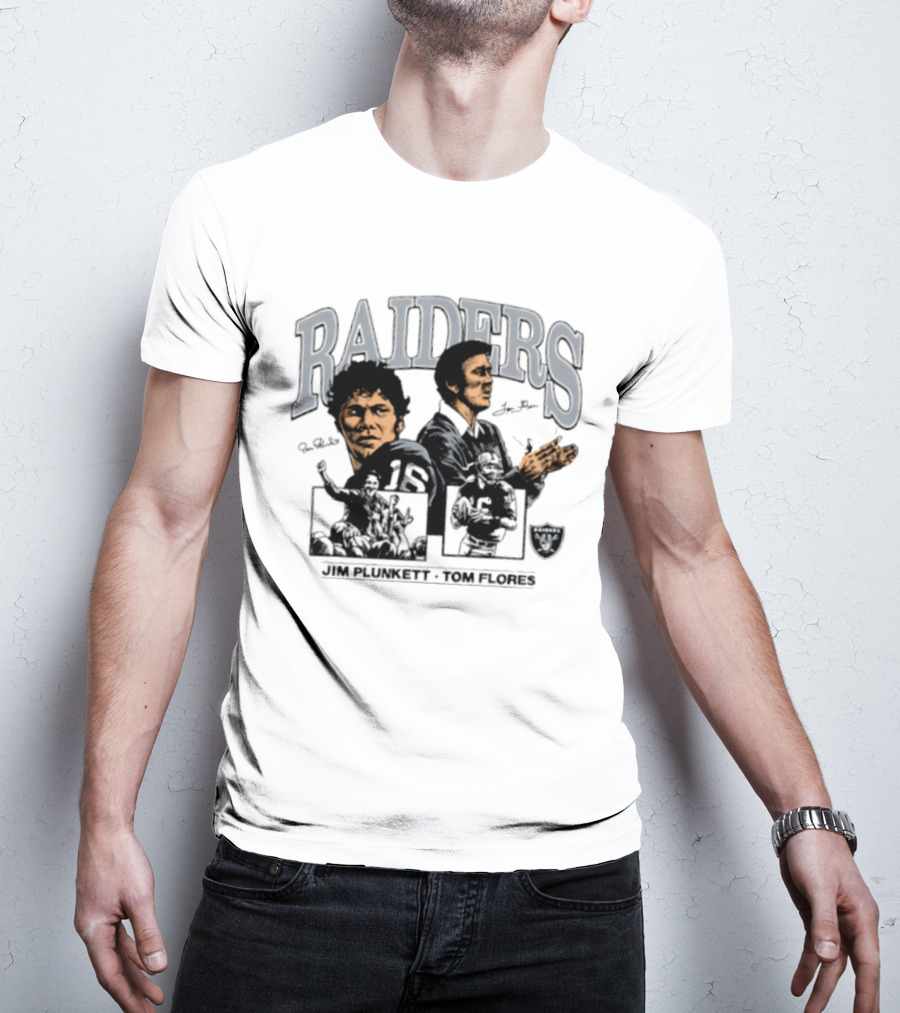 RAIDERS Jim Plunkett Tom Flores Las Vegas Football Signatures T-Shirt