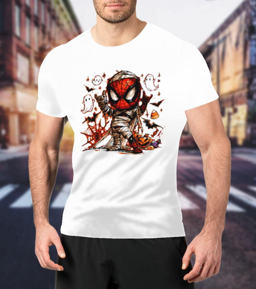 Spider Man Mummy Marvel Halloween Spidey Ghosts Bats Candy Corn Pumpkin T-Shirt