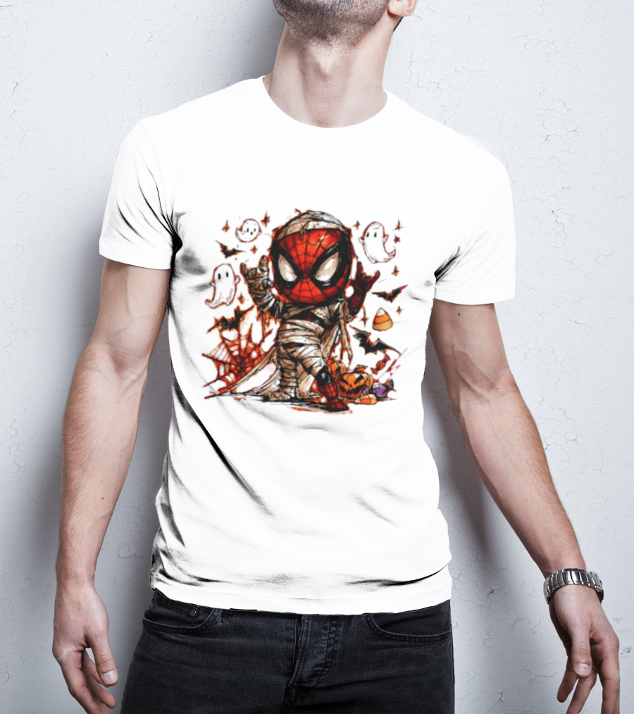 Spider Man Mummy Marvel Halloween Spidey Ghosts Bats Candy Corn Pumpkin T-Shirt