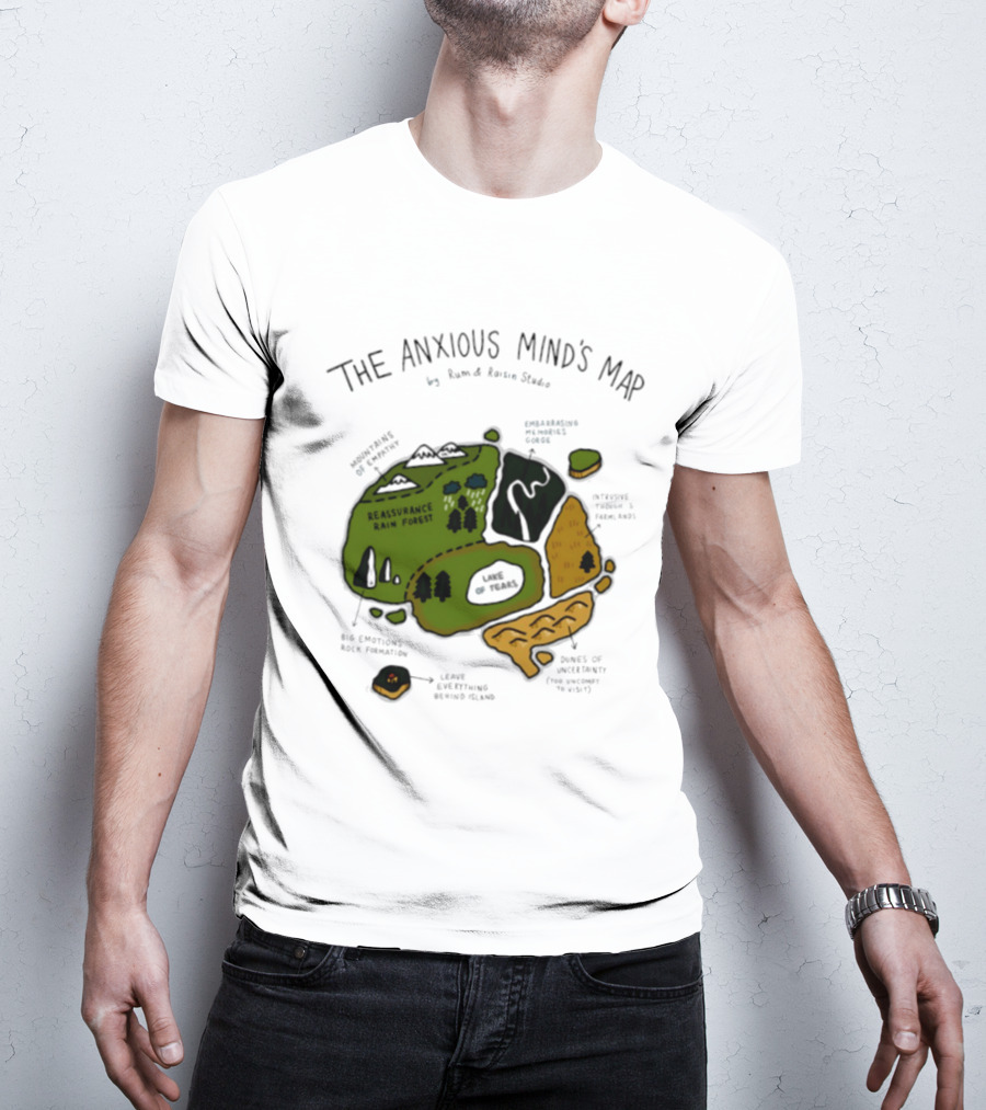 The Anxious Mind's Map Rum & Raisin Studio Reassurance Rain Forest Expectations Plateau Attack Of Panic Peaks T-Shirt