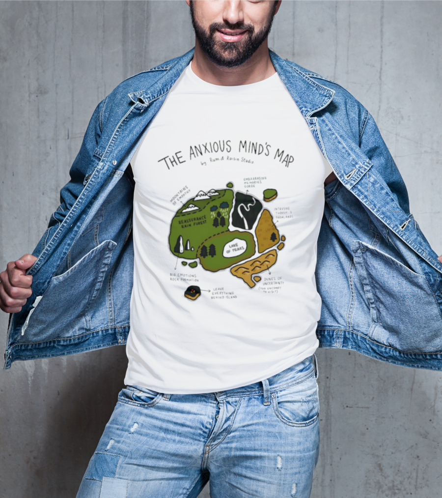 The Anxious Mind's Map Rum & Raisin Studio Reassurance Rain Forest Expectations Plateau Attack Of Panic Peaks T-Shirt