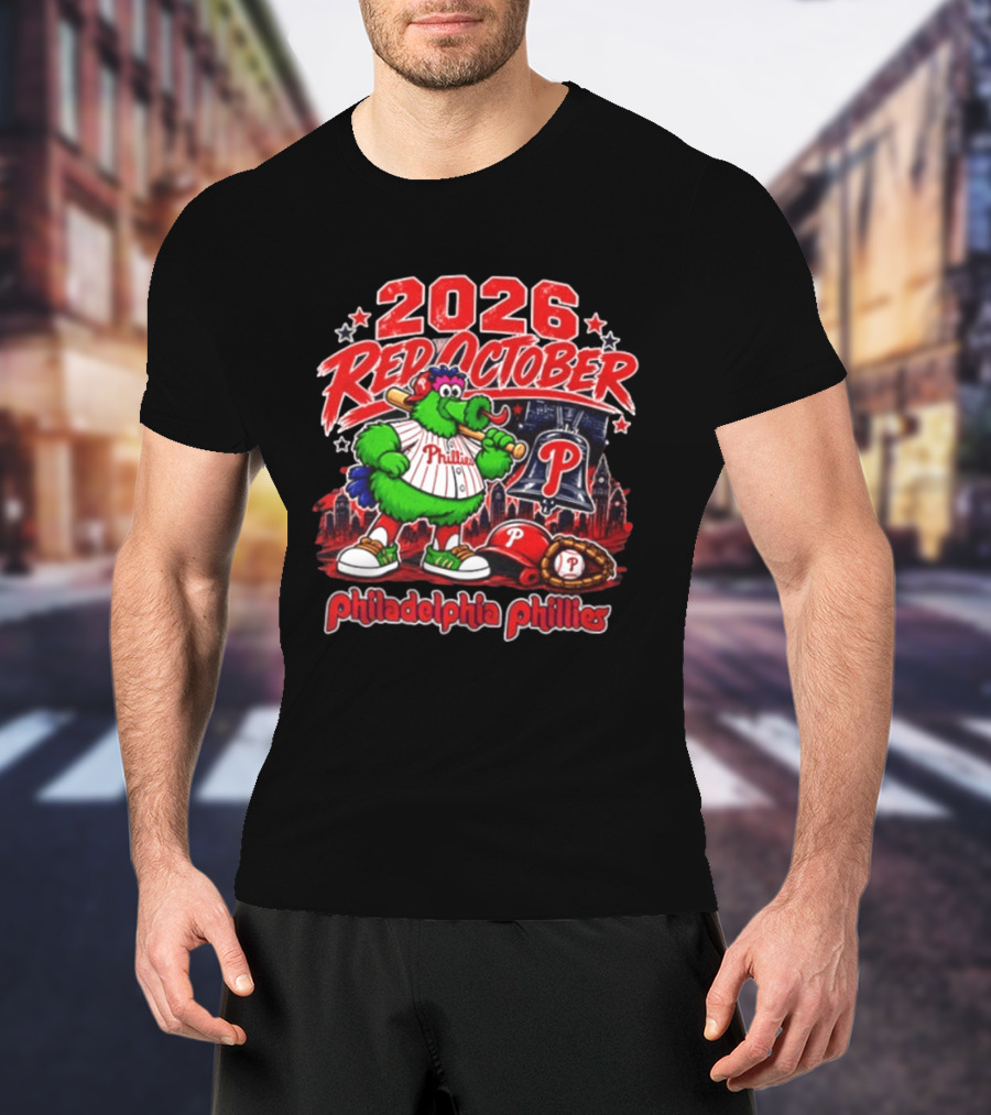2026 Red October Philadelphia Phillies Phanatic City Skyline Liberty Bell T-Shirt