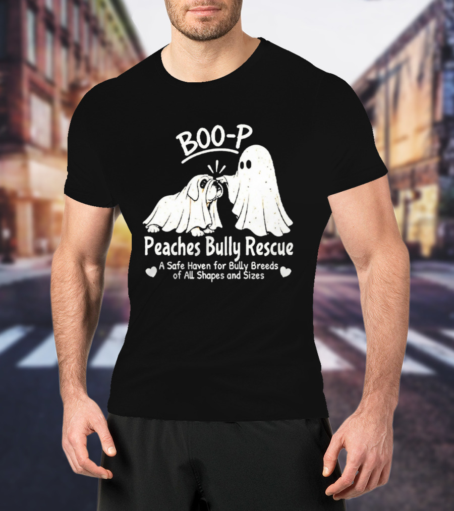 Boo P Peaches Bully Rescue Safe Haven For Bully Breeds Halloween Ghost Dog T-Shirt