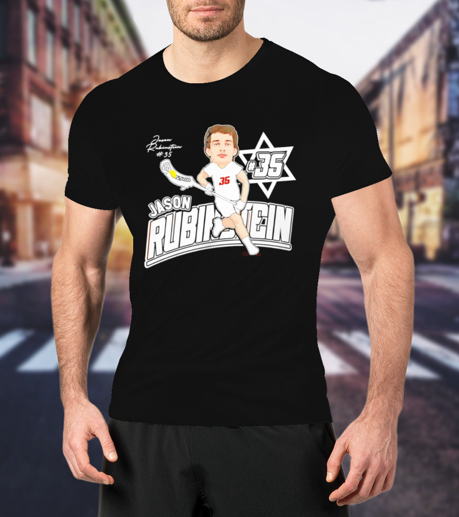 Jason Rubinstein Number 35 Lacrosse Jewish Star Caricature NCAA Rhodes T-Shirt