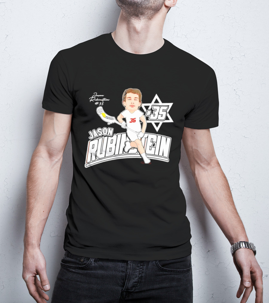 Jason Rubinstein Number 35 Lacrosse Jewish Star Caricature NCAA Rhodes T-Shirt