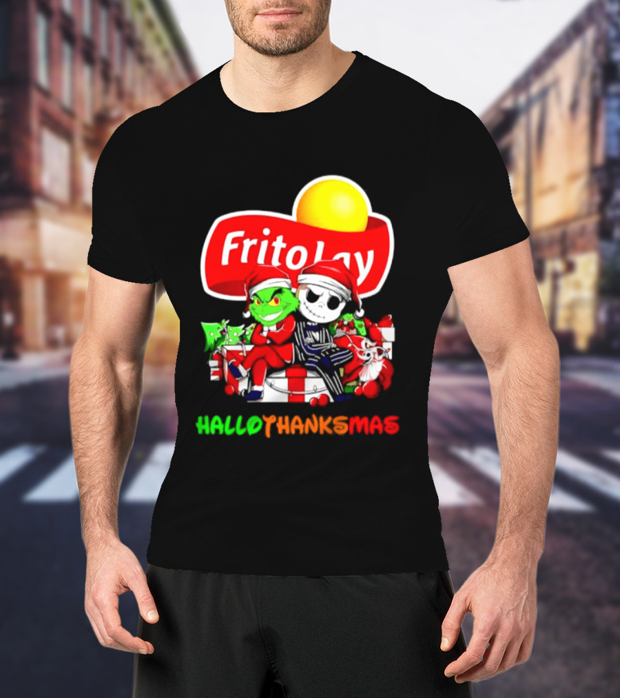 Frito Lay Grinch Jack Skellington Hallothanksmas 2026 Christmas Santa Hats T-Shirt