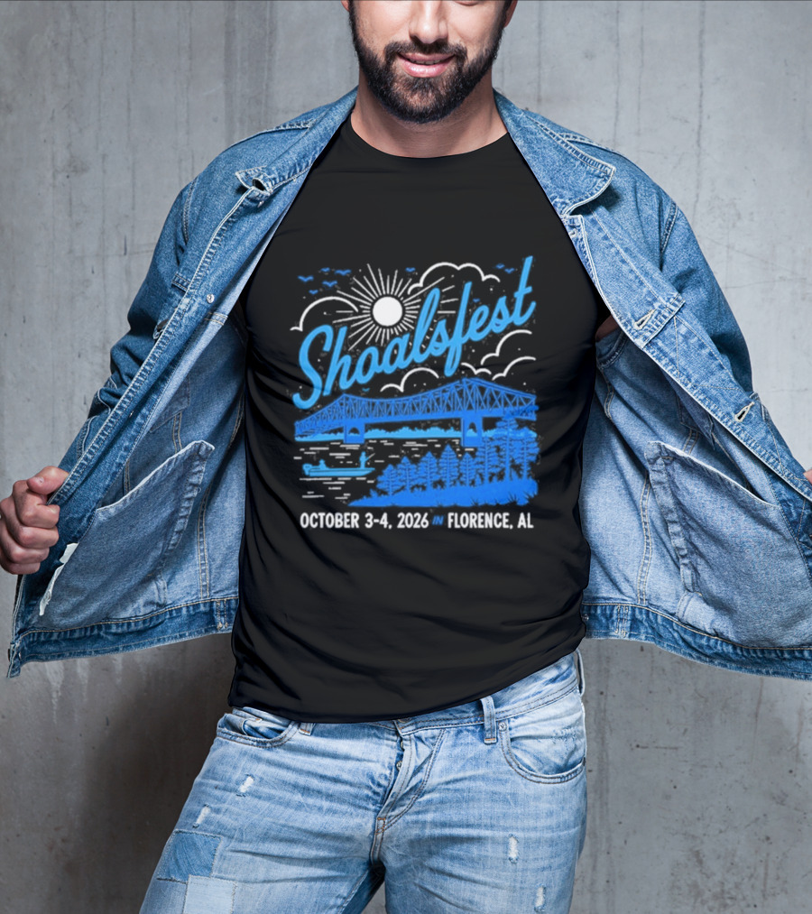 ShoalsFest October 3 4 2026 McFarland Park Florence Alabama Event With Bridge Illustration And Sun T-Shirt