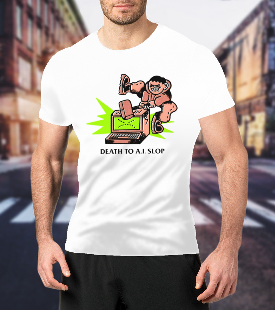 Death To AI Slop Digital Technology Revolution Sledgehammer Laptop Destruction T-Shirt