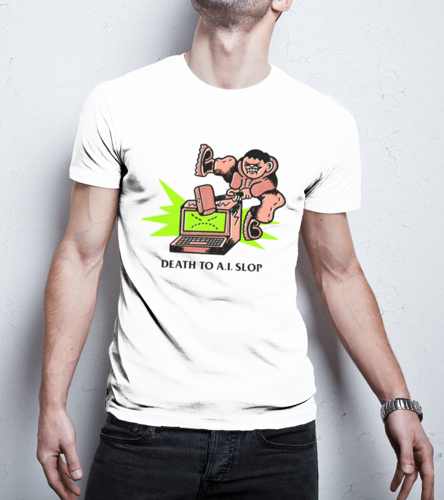 Death To AI Slop Digital Technology Revolution Sledgehammer Laptop Destruction T-Shirt