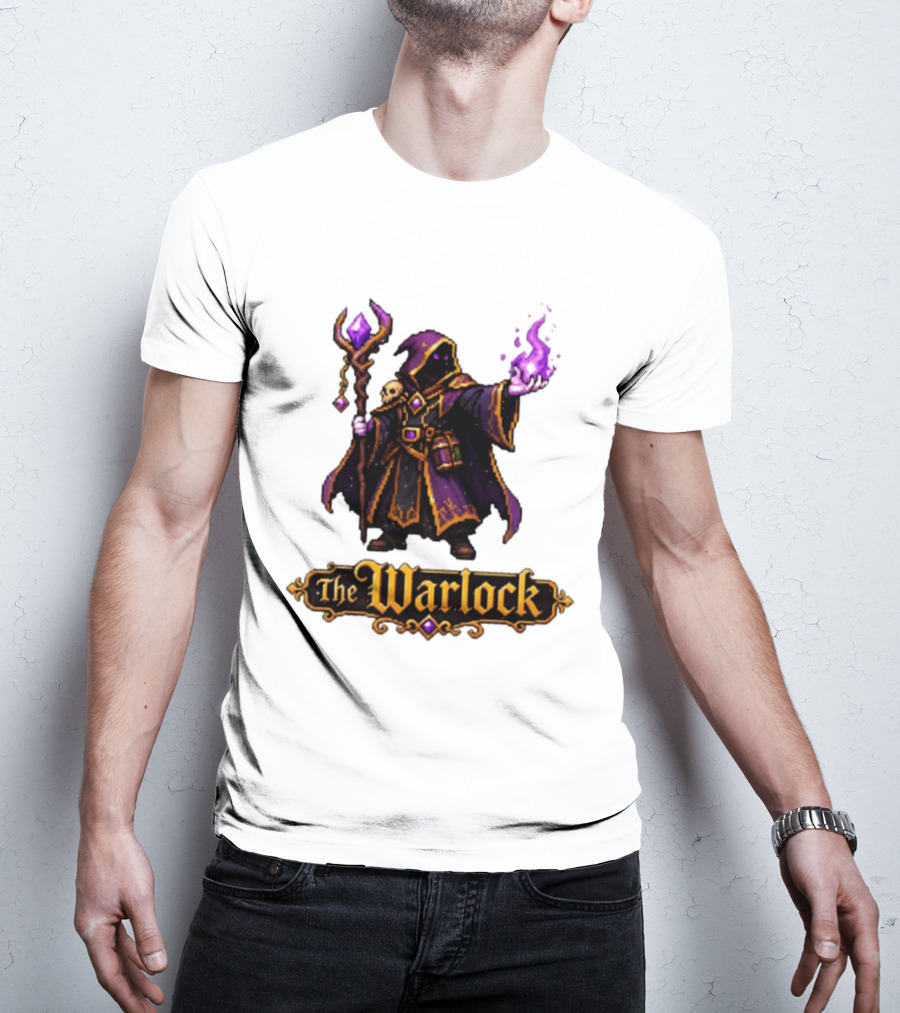 The Warlock Pixel Fantasy Mage RPG Cloaked Wizard With Staff And Magic Spell T-Shirt