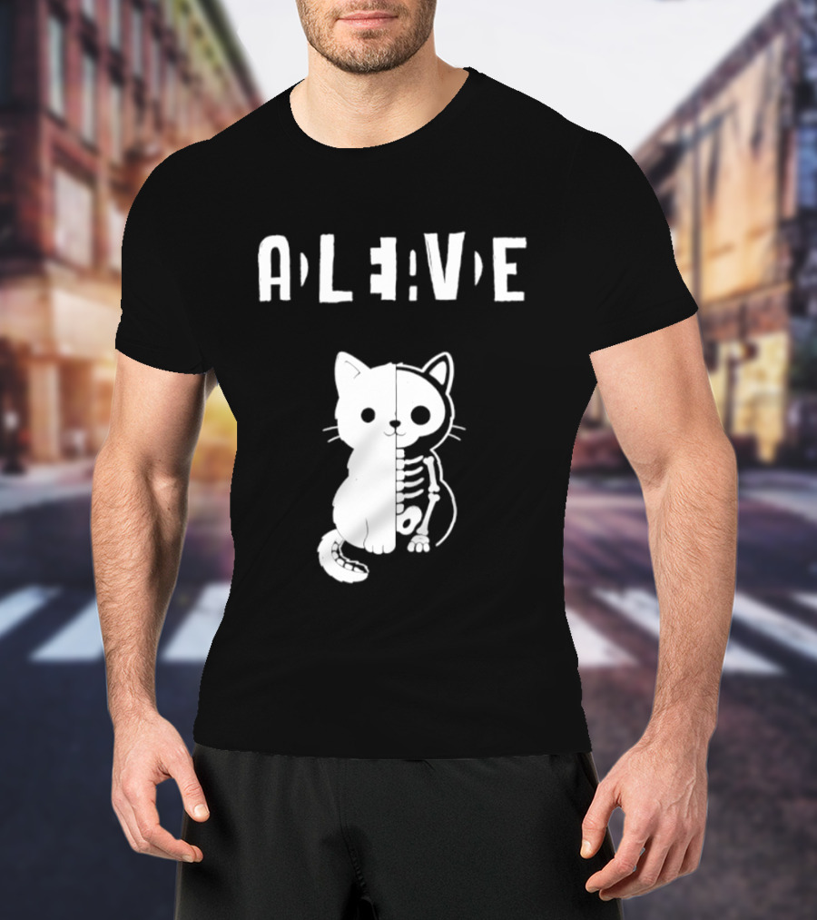 Alive Half Skeleton Cat Cute T-Shirt