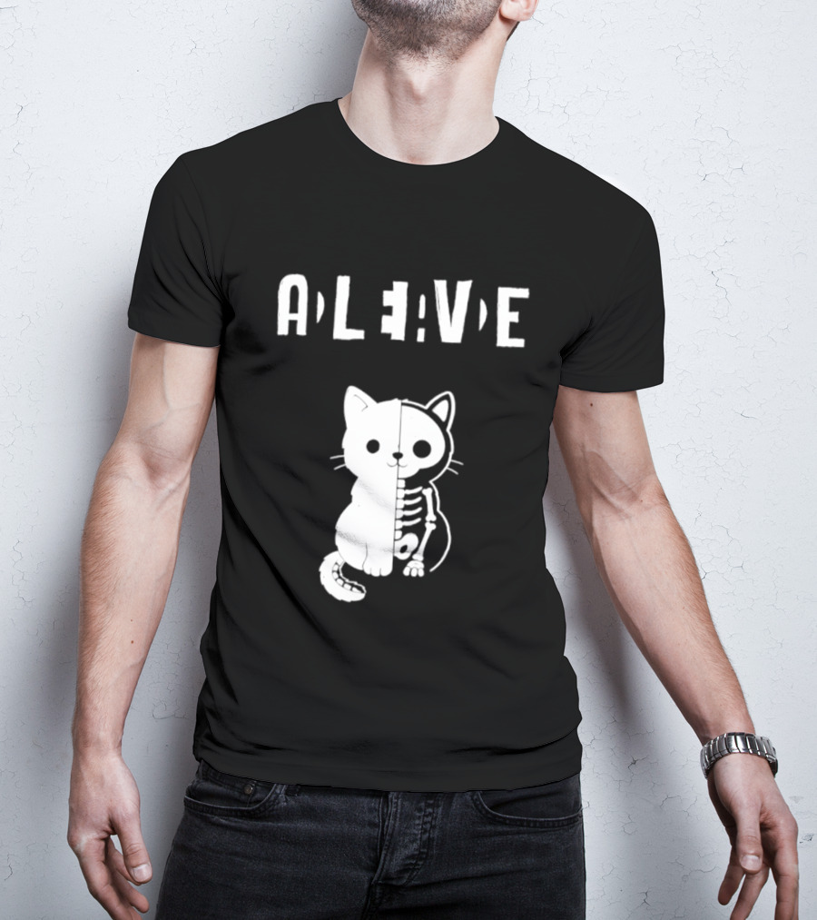 Alive Half Skeleton Cat Cute T-Shirt