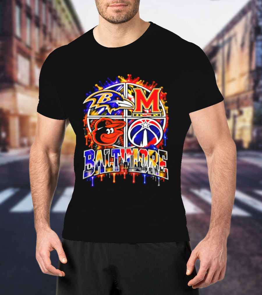 Baltimore Ravens Orioles Maryland Terps Washington Wizards Baltimore Skyline T-Shirt