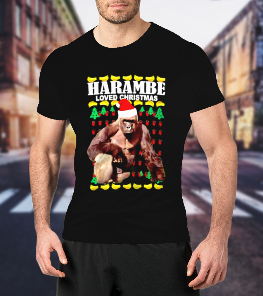 Harambe Loved Christmas Gorilla In Santa Hat With Bananas And Trees T-Shirt