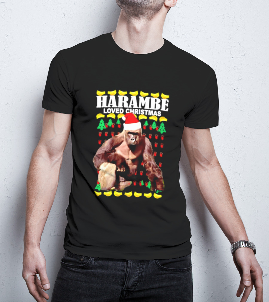 Harambe Loved Christmas Gorilla In Santa Hat With Bananas And Trees T-Shirt