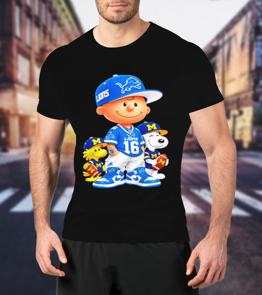 Charlie Brown Snoopy Woodstock Detroit Lions Michigan Wolverines Football Fan 16 T-Shirt