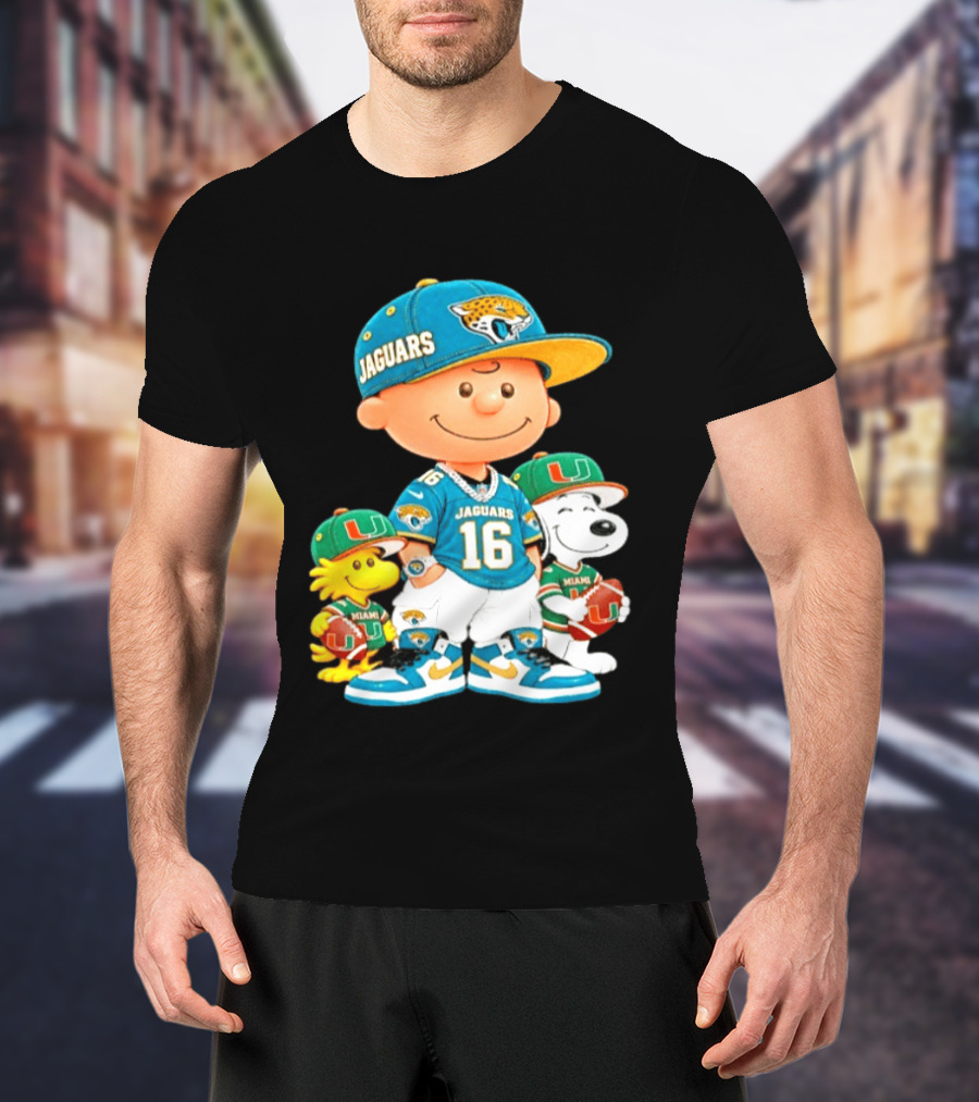 Peanuts Charlie Brown Snoopy Woodstock Jacksonville Jaguars Miami Hurricanes Football Fan Gear T-Shirt