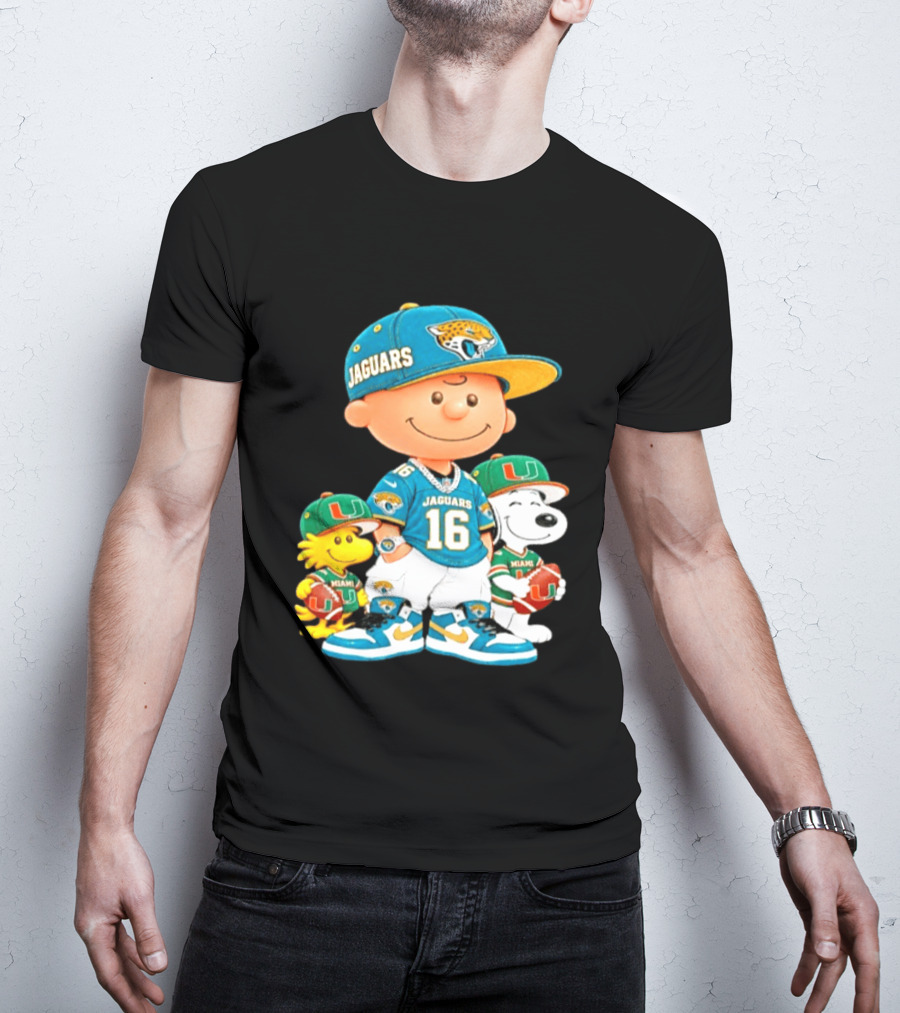 Peanuts Charlie Brown Snoopy Woodstock Jacksonville Jaguars Miami Hurricanes Football Fan Gear T-Shirt