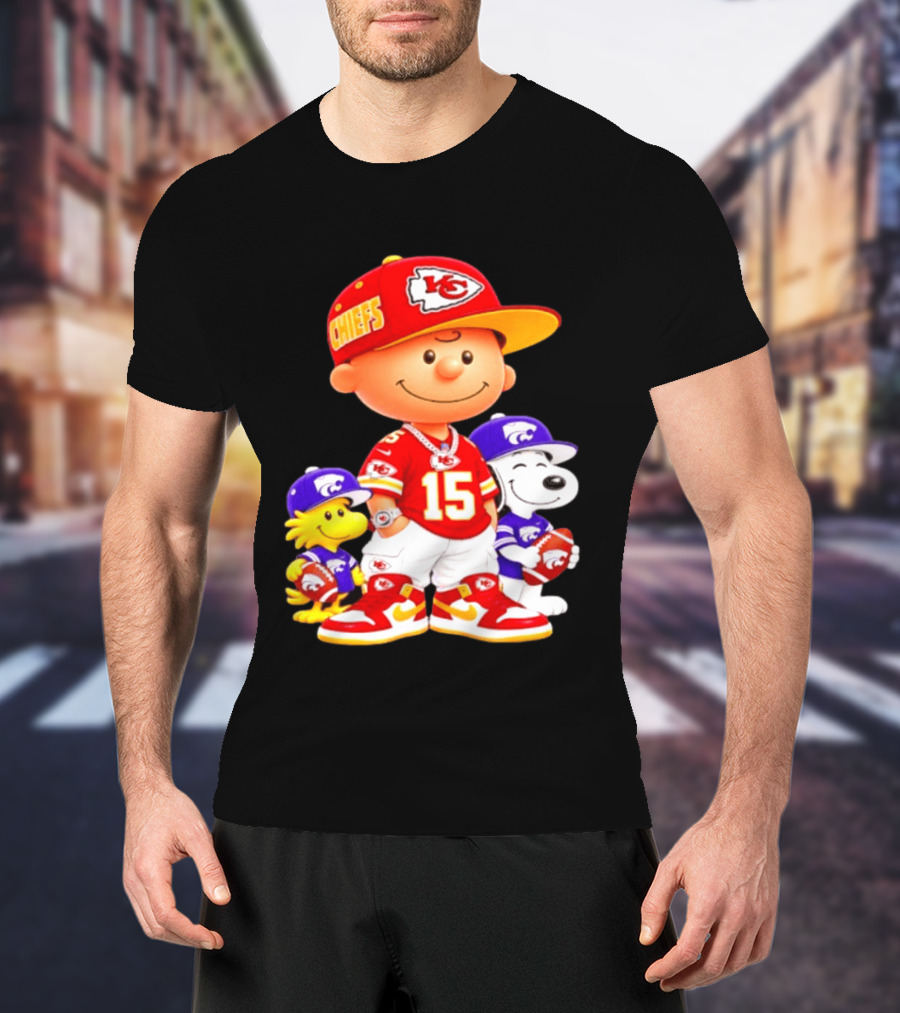 Charlie Brown Snoopy Woodstock Kansas City Chiefs 15 Football Peanuts Characters NFL Team Sports Gear T-Shirt