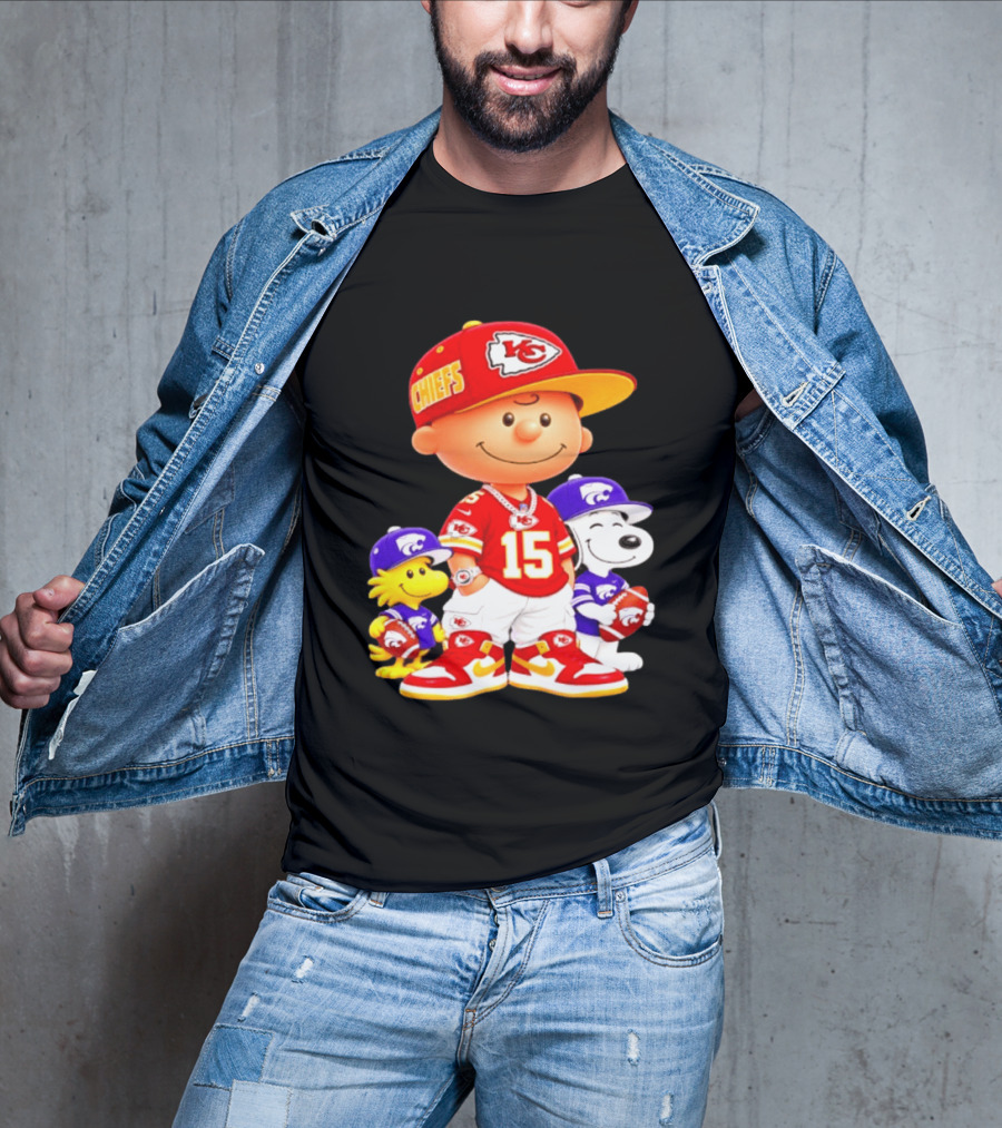 Charlie Brown Snoopy Woodstock Kansas City Chiefs 15 Football Peanuts Characters NFL Team Sports Gear T-Shirt