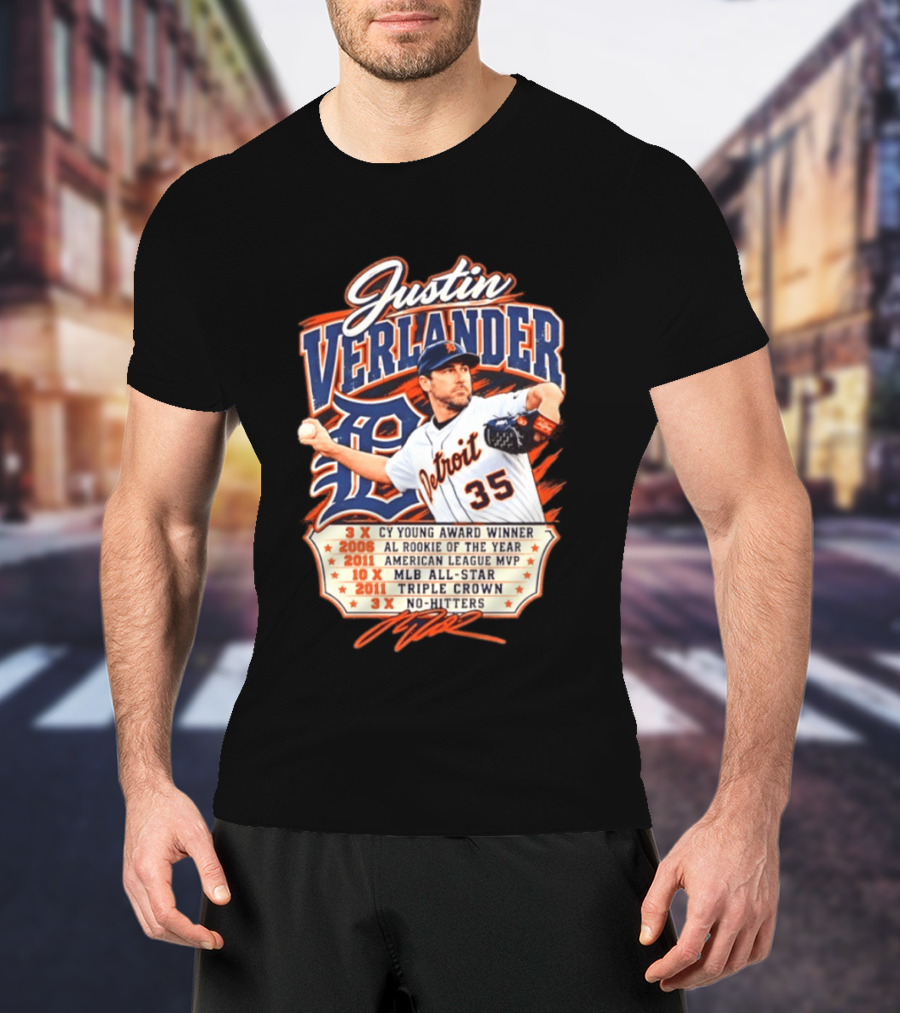 Justin Verlander Detroit Tigers Career 3x Cy Young Award Winner AL Rookie Of The Year 2011 American League MVP MLB All Star Triple Crown No Hitters T-Shirt