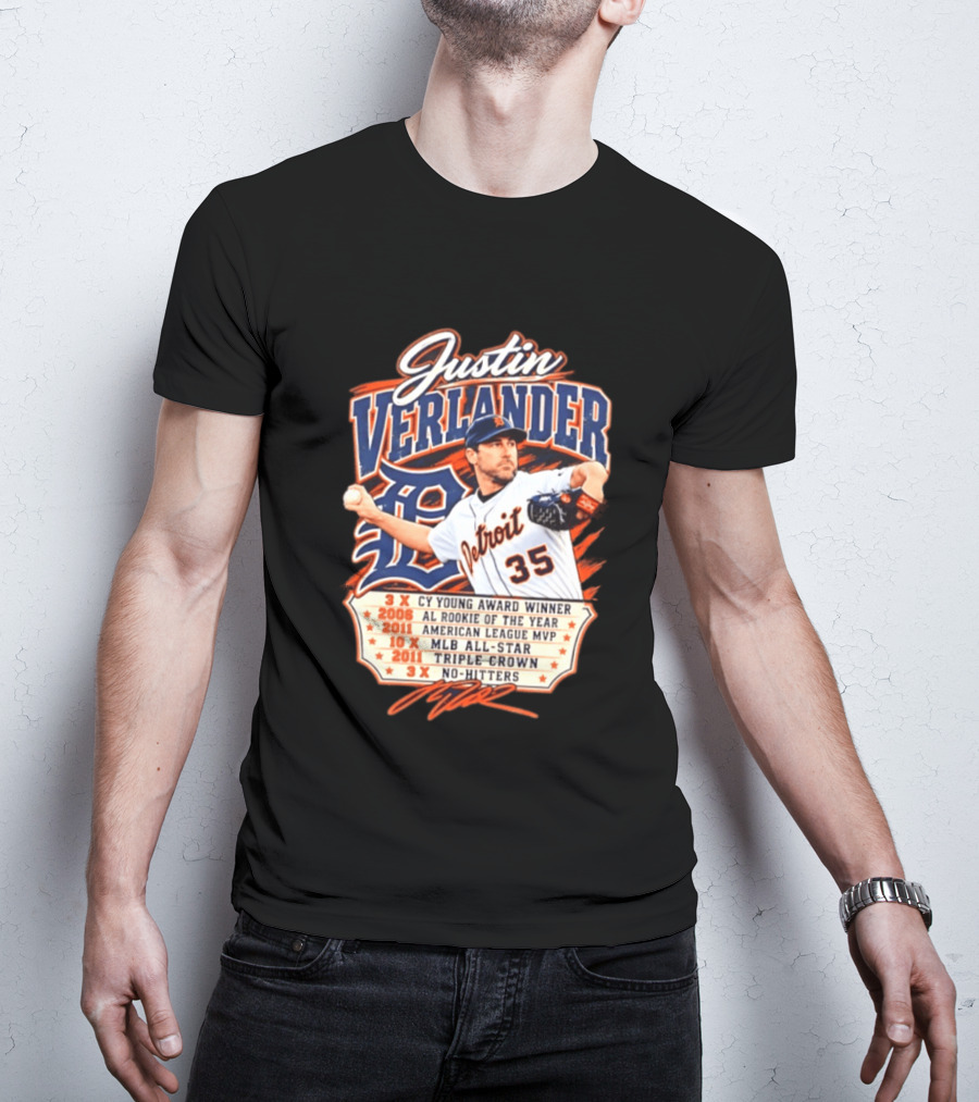 Justin Verlander Detroit Tigers Career 3x Cy Young Award Winner AL Rookie Of The Year 2011 American League MVP MLB All Star Triple Crown No Hitters T-Shirt