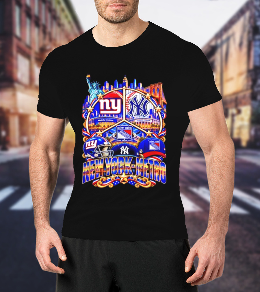 New York Metro Giants Yankees Rangers Skyline Stadium Statue Liberty T-Shirt