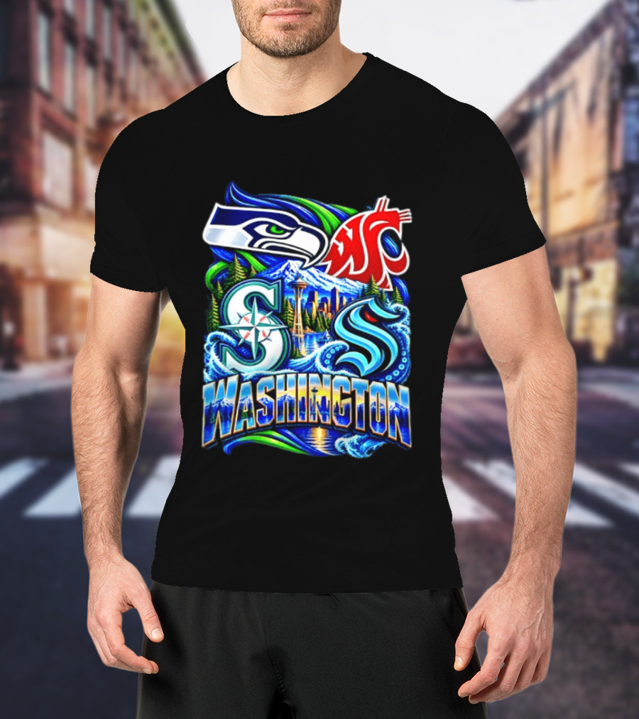 Seattle Seahawks Washington State Cougars Mariners Kraken Washington Skyline T-Shirt