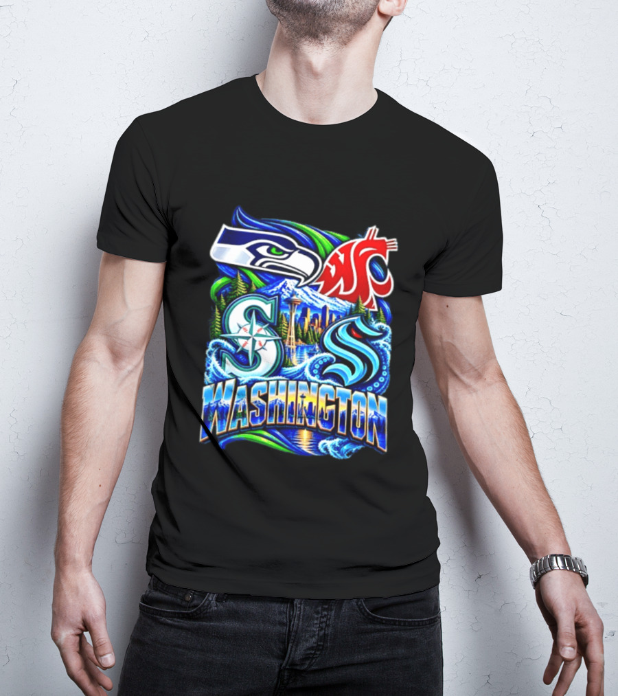 Seattle Seahawks Washington State Cougars Mariners Kraken Washington Skyline T-Shirt