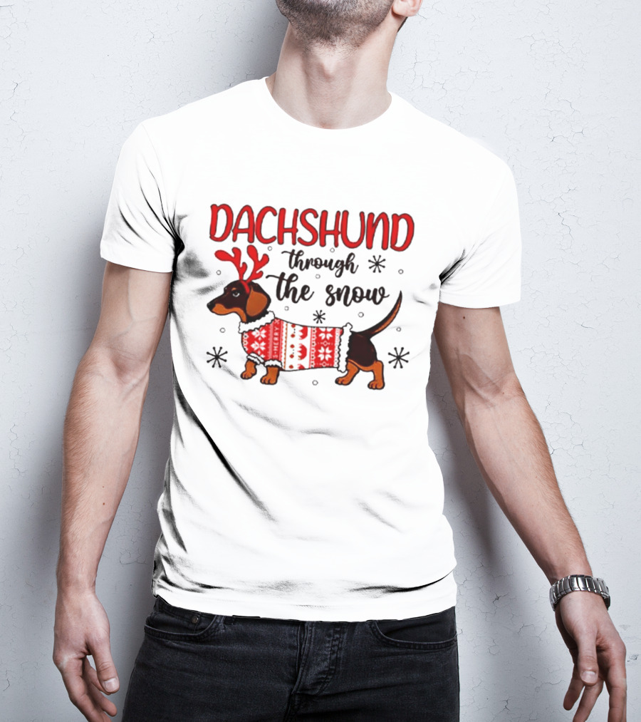 Dachshund Through The Snow Christmas Dog Lover Reindeer Antlers Winter Holiday Sweater T-Shirt