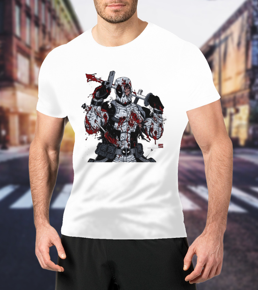 Deadpool Battle Damaged Bloody Swords Katana Gunner Comics Hero T-Shirt