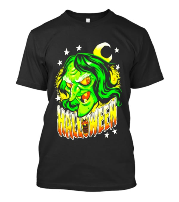 Halloween Witch Green Face Crescent Moon And Stars T-Shirt