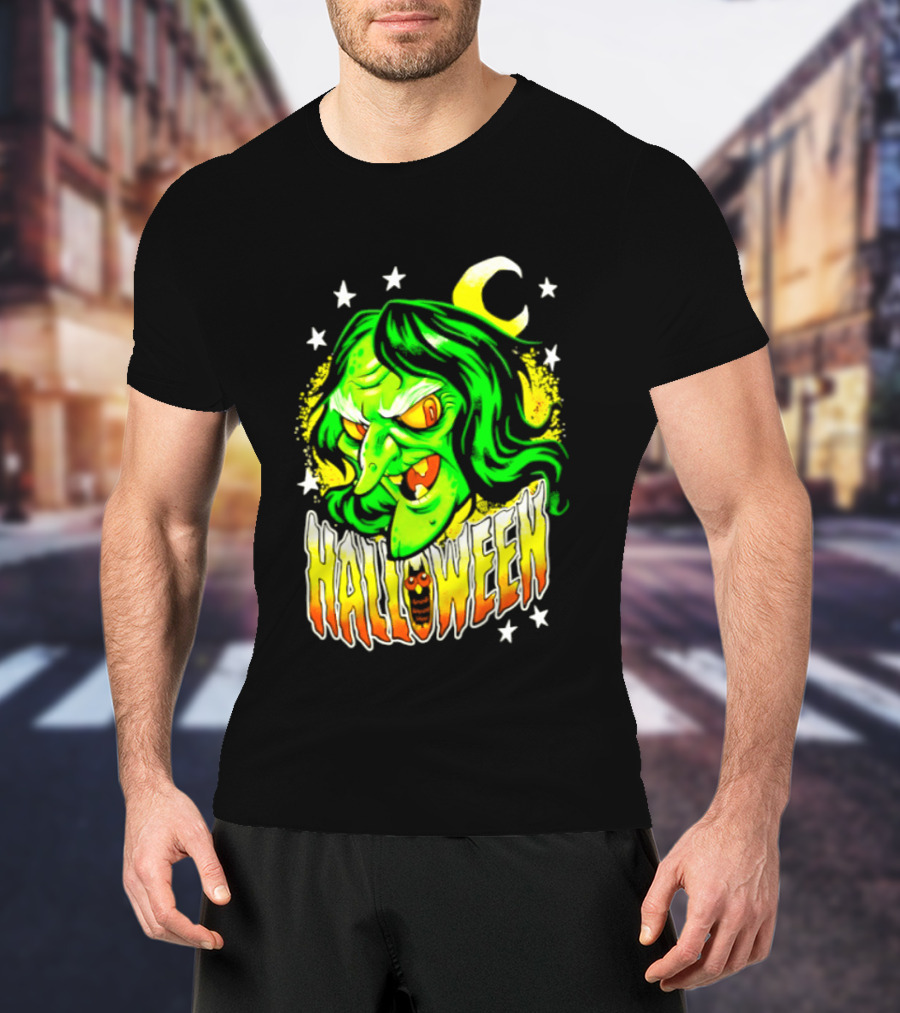 Halloween Witch Green Face Crescent Moon And Stars T-Shirt