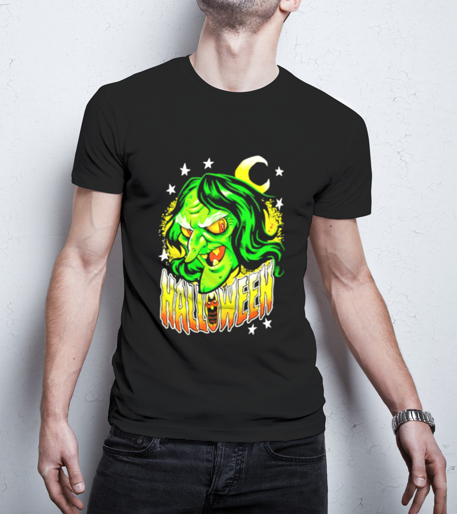 Halloween Witch Green Face Crescent Moon And Stars T-Shirt