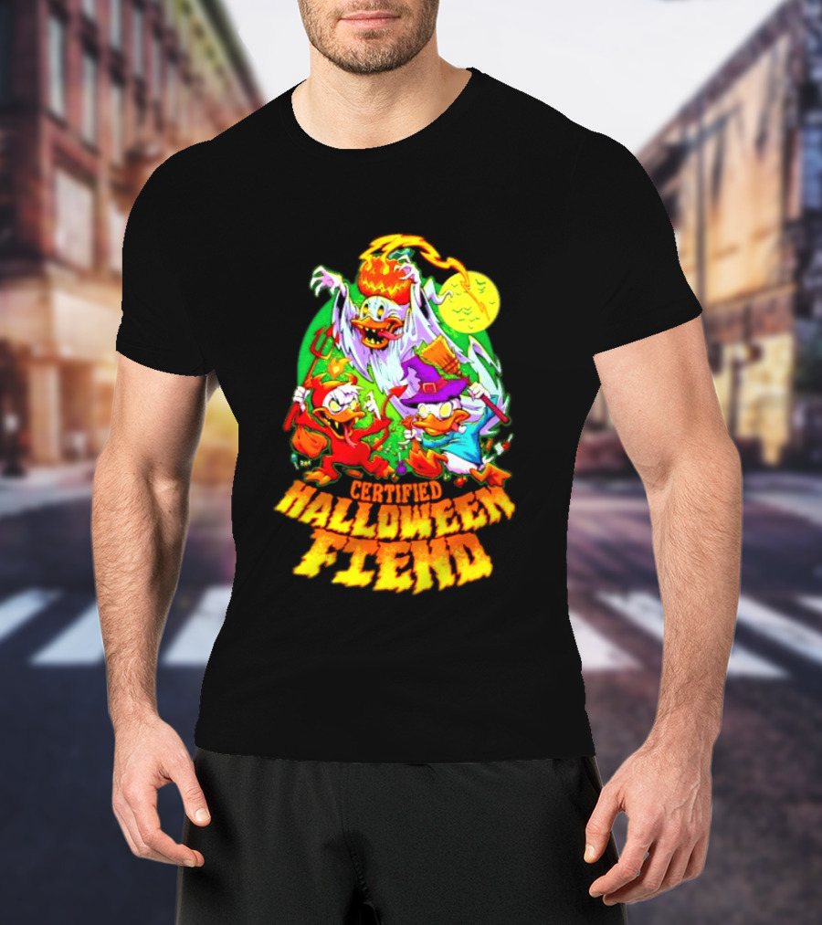 Certified Halloween Fiend Donald Duck Huey Dewey Louie Ghost Witch Devil Moon Scene T-Shirt