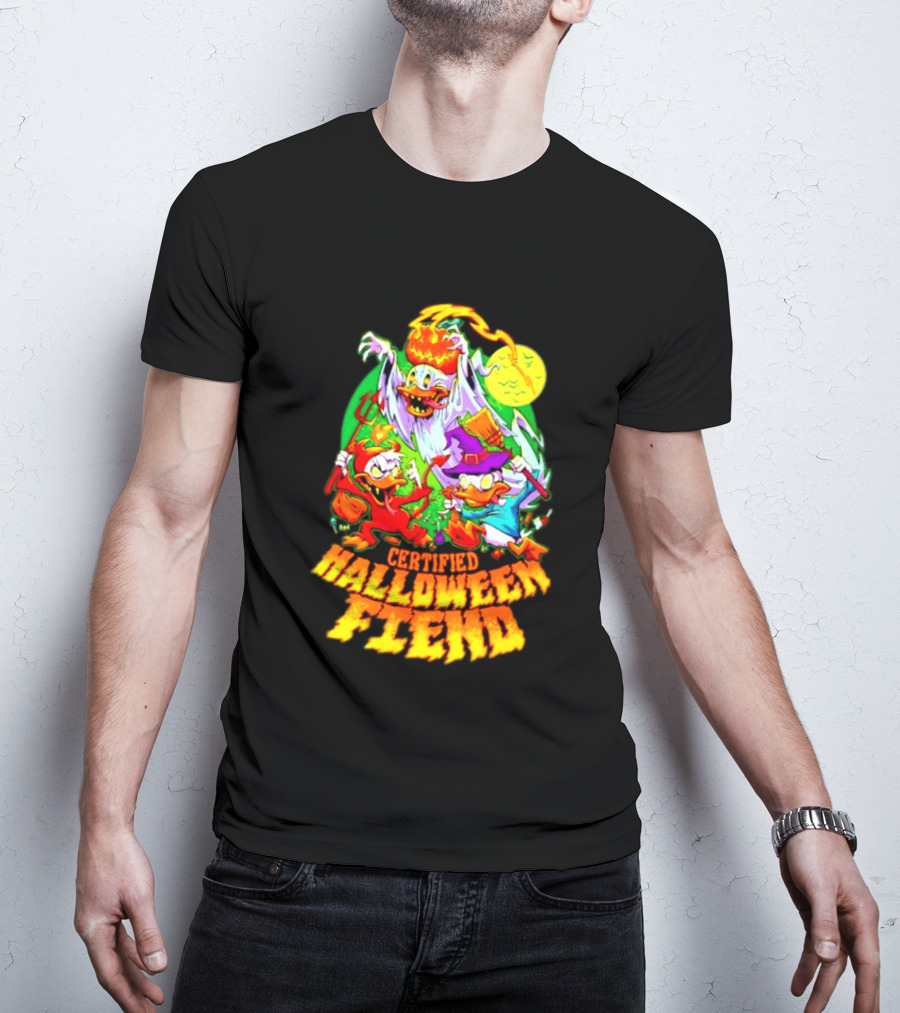 Certified Halloween Fiend Donald Duck Huey Dewey Louie Ghost Witch Devil Moon Scene T-Shirt