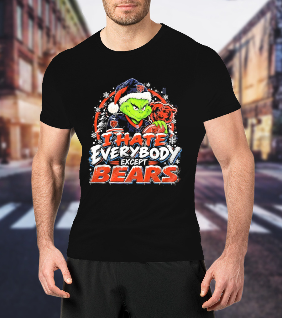 Chicago Bears Grinch I Hate Everybody Except Bears Fans Christmas Holiday T-Shirt