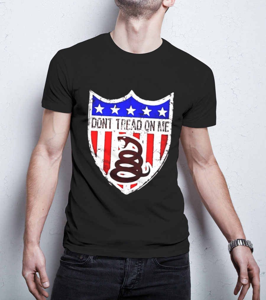 Dont Tread On Me American Flag Shield Gadsden Snake T-Shirt