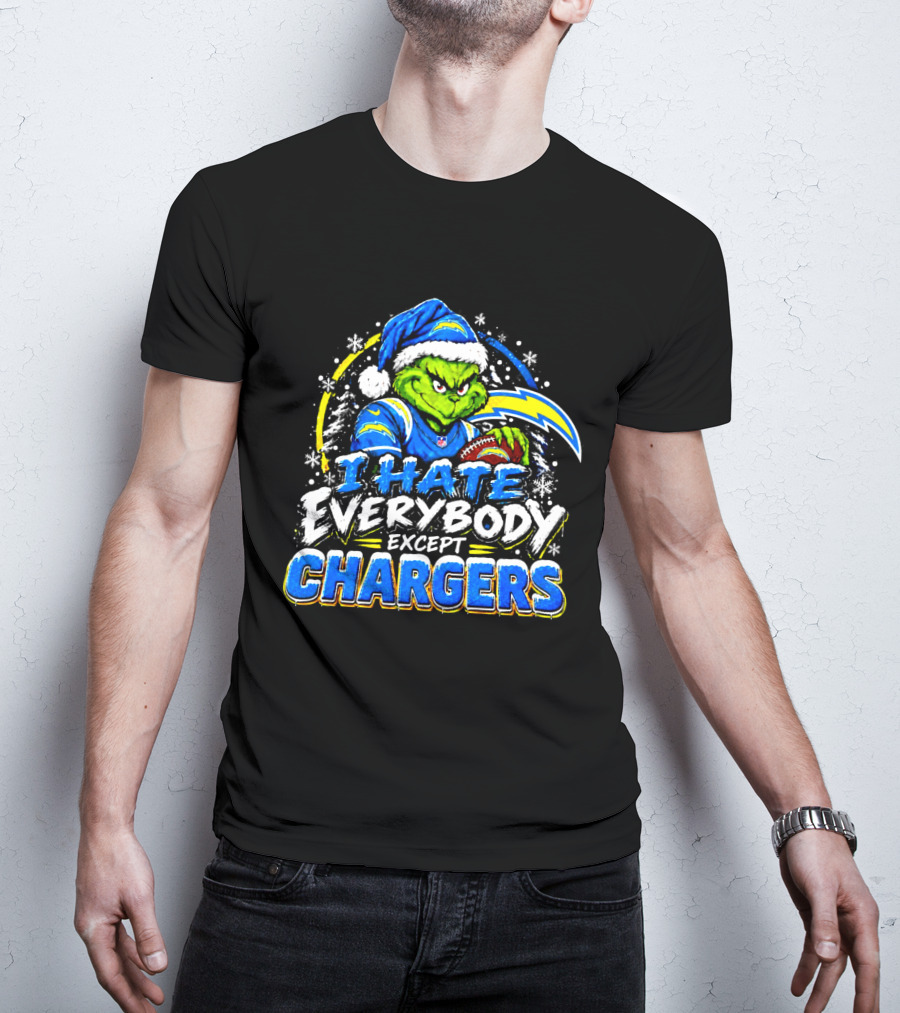 Los Angeles Chargers Grinch Christmas I Hate Everybody Except Chargers Fans Holiday T-Shirt
