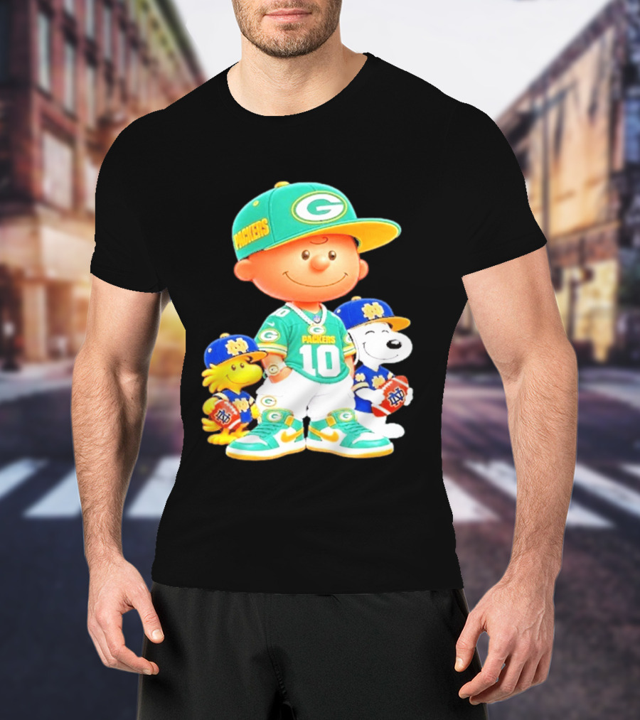 Peanuts Green Bay Packers Notre Dame Fighting Irish Football Characters Charlie Brown Snoopy Woodstock T-Shirt