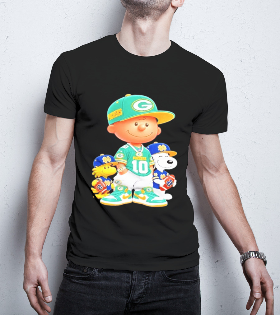 Peanuts Green Bay Packers Notre Dame Fighting Irish Football Characters Charlie Brown Snoopy Woodstock T-Shirt