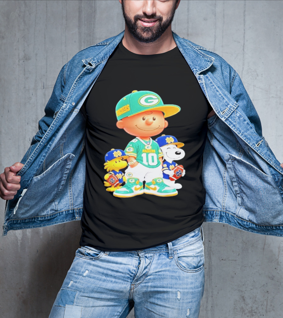 Peanuts Green Bay Packers Notre Dame Fighting Irish Football Characters Charlie Brown Snoopy Woodstock T-Shirt