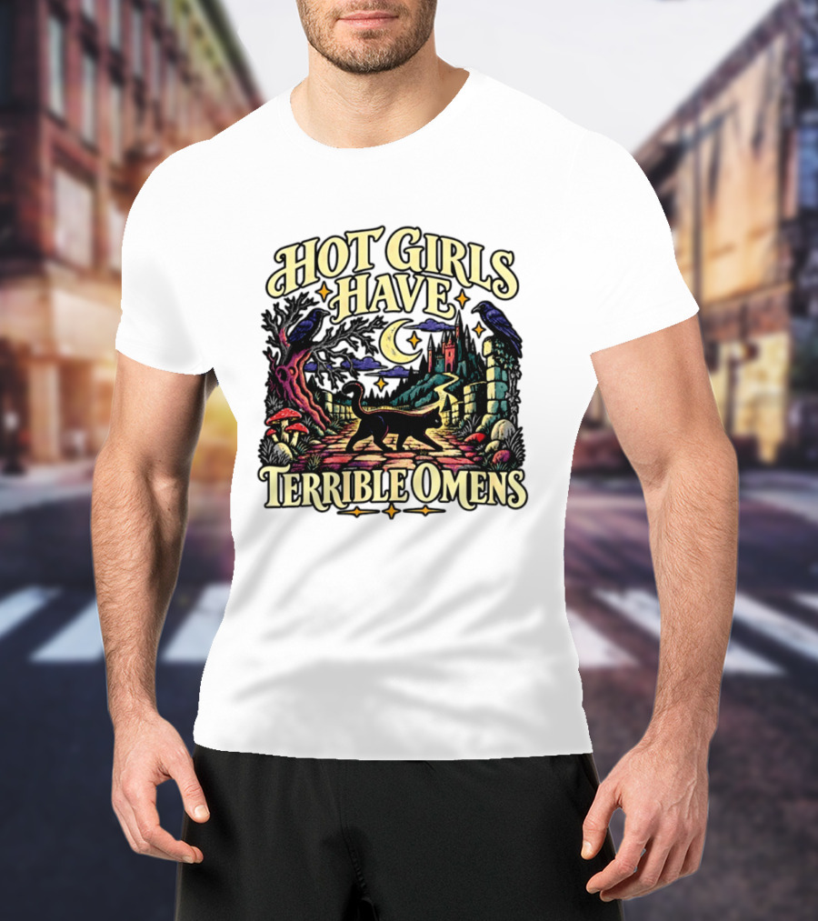 Hot Girls Have Terrible Omens Gothic Cat Halloween Scene T-Shirt