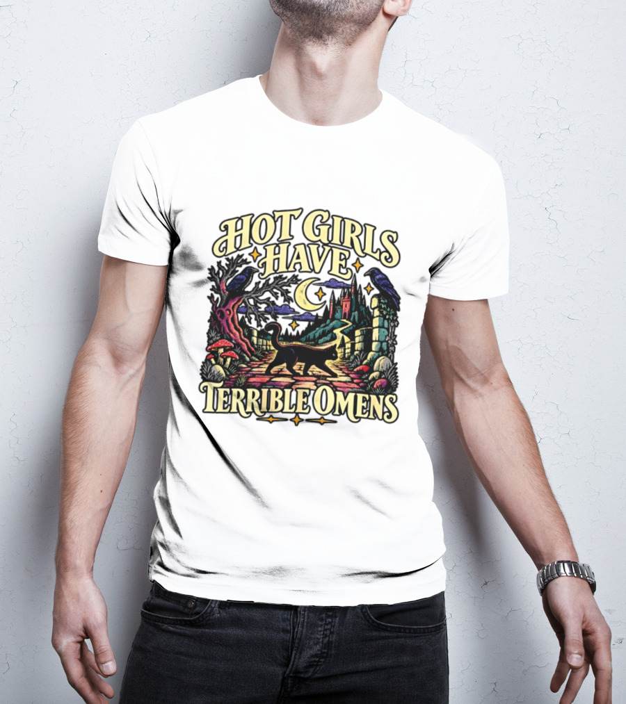 Hot Girls Have Terrible Omens Gothic Cat Halloween Scene T-Shirt